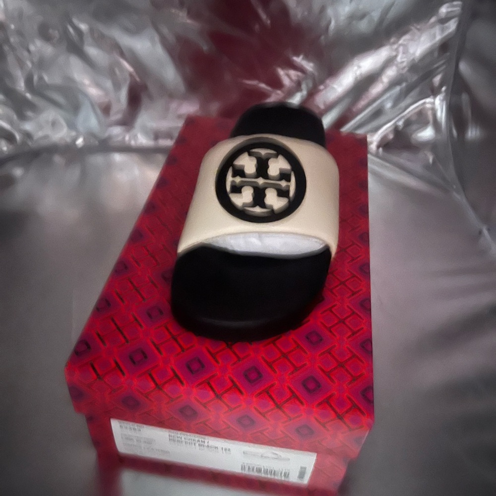 Tory Burch Black Footbed White Strap Logo Slide Sandal